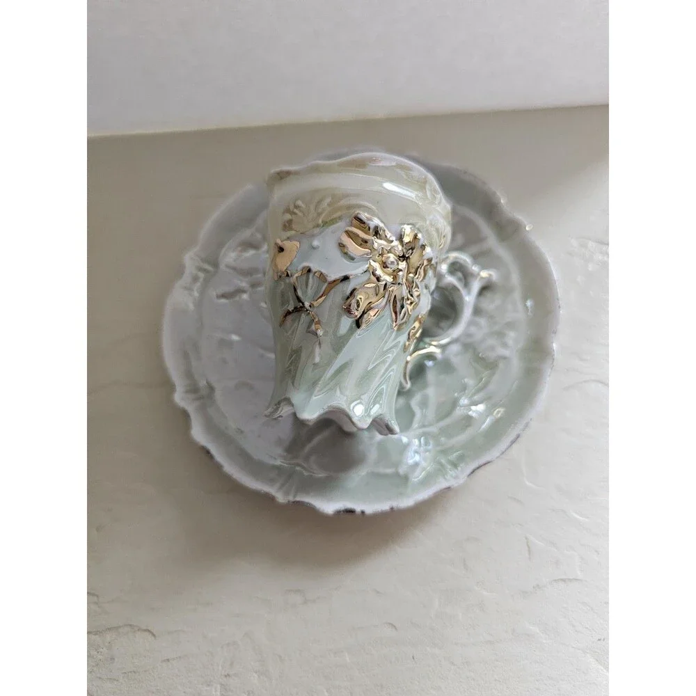 Vintage Mint Green Lusterware Miniature Cup And Saucer